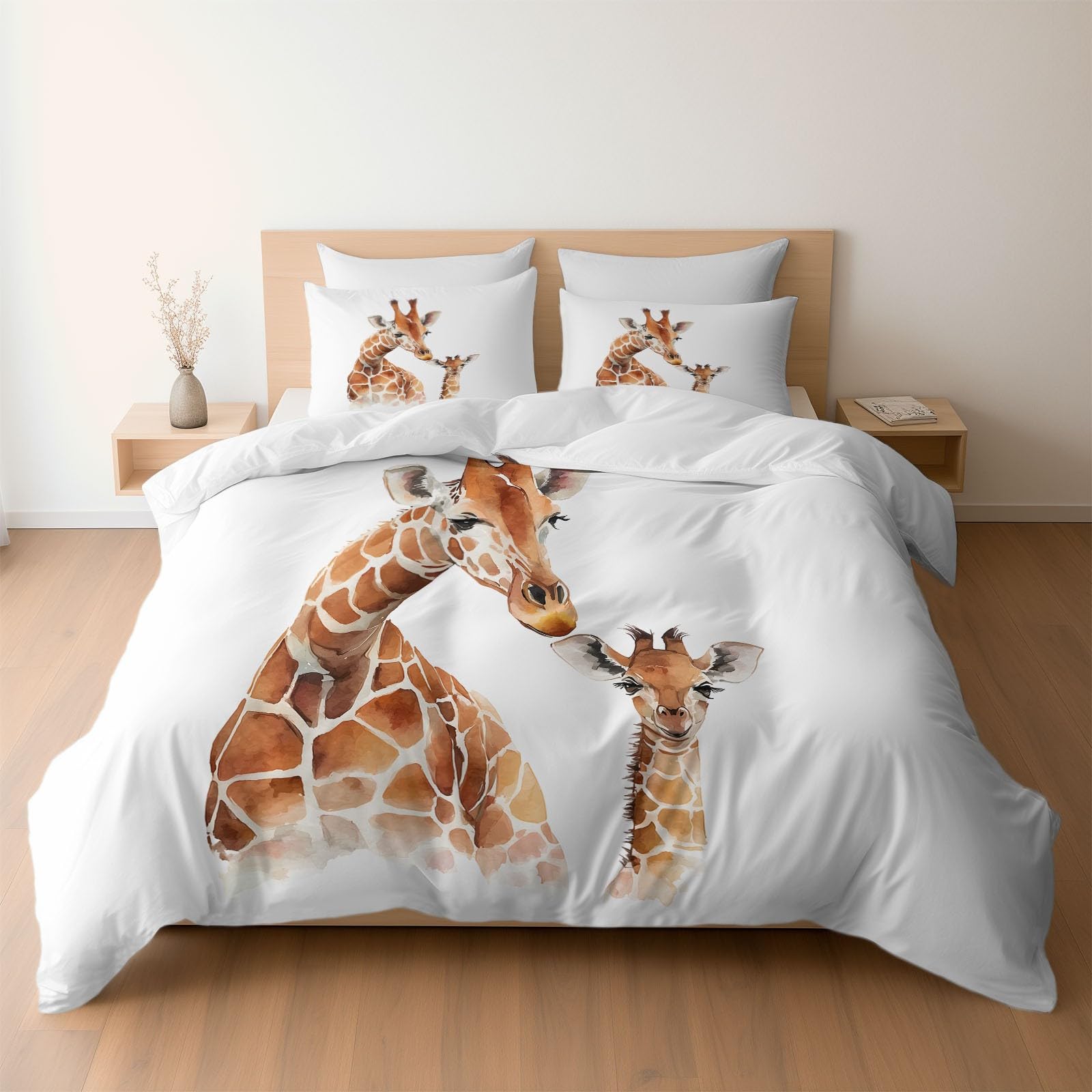 Generisch Giraffe mit Baby Bettwäsche Niedliche Tiere Weiß, Weich, Atmungsaktiv, Gebürstete Mikrofaser, Bettbezug 135x200cm mit Reißverschluss & 2 Kissenbezüge 80x80cm