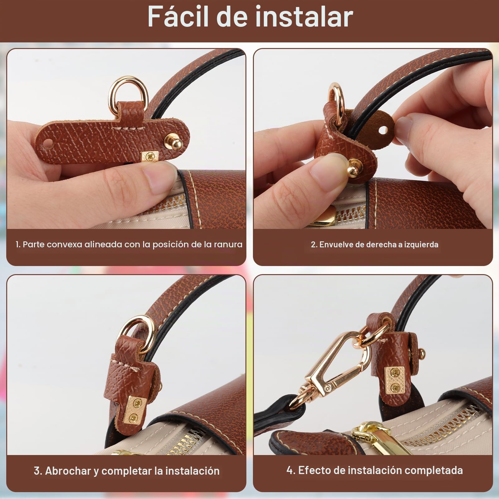 Correa para Longchamp Mini, Correa Bolso Bandolera Mujer - Marrón, Ajustable Cuero Bandolera para Mini Mochila, No Perforación con 2 Adaptadores para Correas de Hombro, Longitudes 120 cm