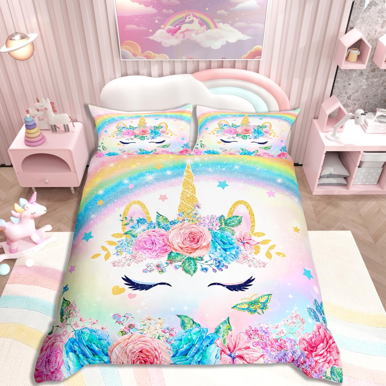Homemissing Einhorn Bettwäsche Set 135x200cm für Kinder Mädchen Schlafzimmer Dekorationen Teens 3D Bunte Einhorn Regenbogen Bettwäsche Bettbezug Set Ultra weiche und fluffige Blume Bettwäsche