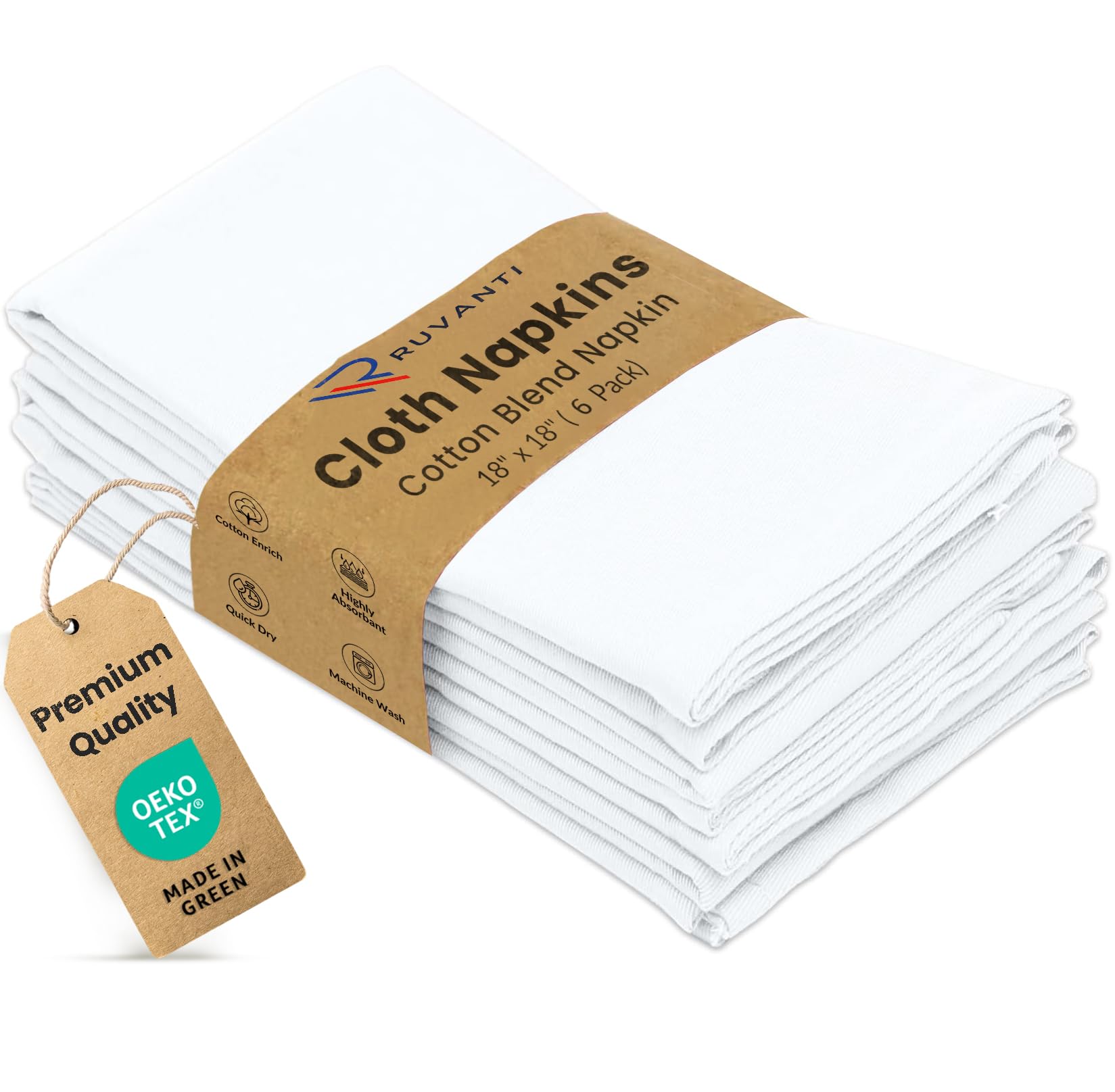 Ruvanti Cloth Napkins Set of 6, Cotton Enrich 18”x18” - White
