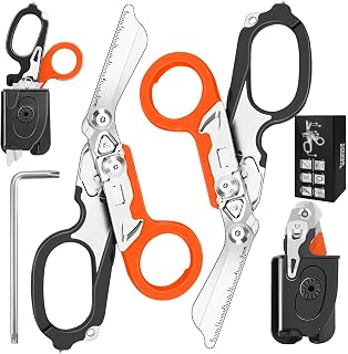 Lenporl 2 Pack Foldable Trauma Shears with Compatible Holster, Emergency Shears with Strap Cutter and Glass Breaker for Outdoor Camping Medical Scissors Tools Black+Orange