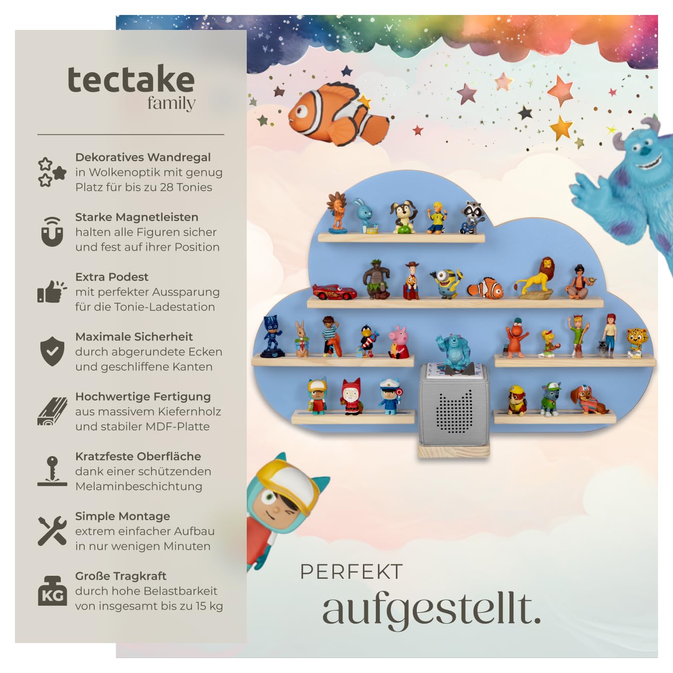 tectake® Holz Regal mit Magnetstreifen für Wand Montage, Tonieregal, Wandregal für's Kinderzimmer, Aufbewahrung Musikbox, für Tonies Tonie Hörfiguren und Toniebox - blau