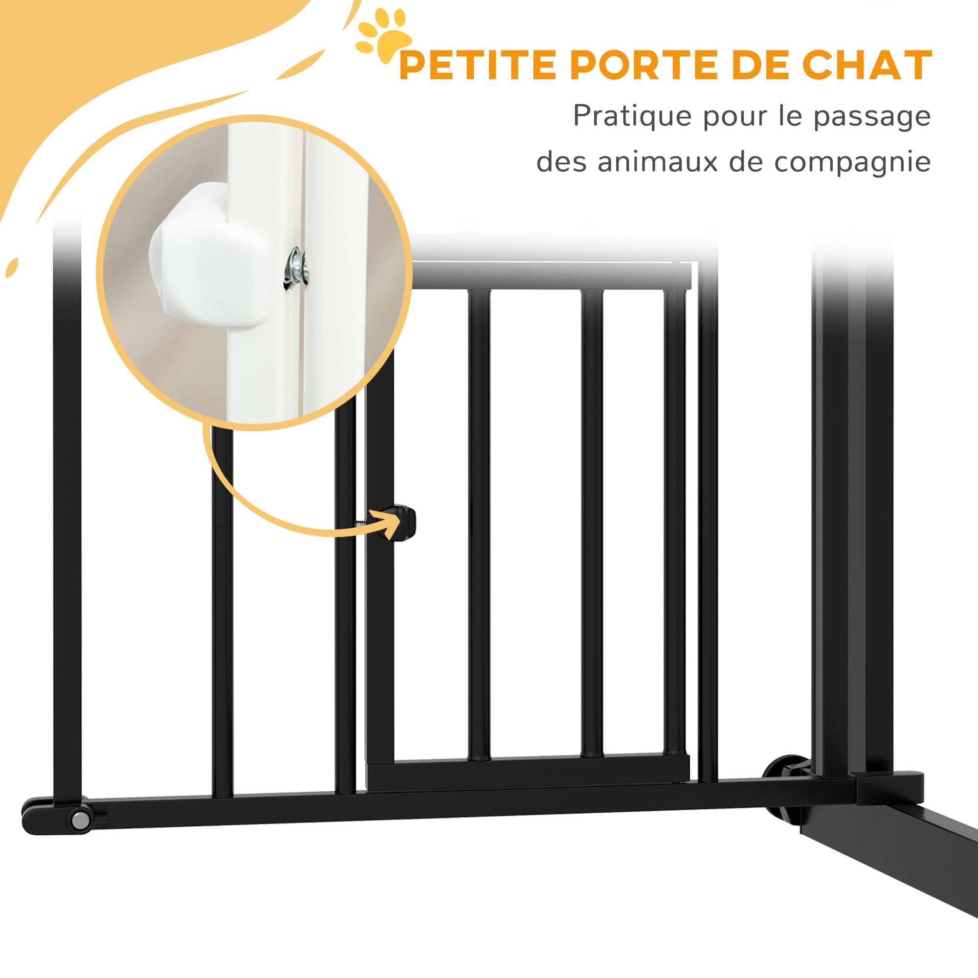 PawHut - Barrera de Seguridad para Perros (fijación por presión sin Taladro, Puerta de Cierre automático, Sistema de Doble Bloqueo, 74 a 80 cm, Acero, Negro | Barrera de Escalera, Sin Taladro, Puerta Automática, Sistema de Doble Bloqueo, Acero