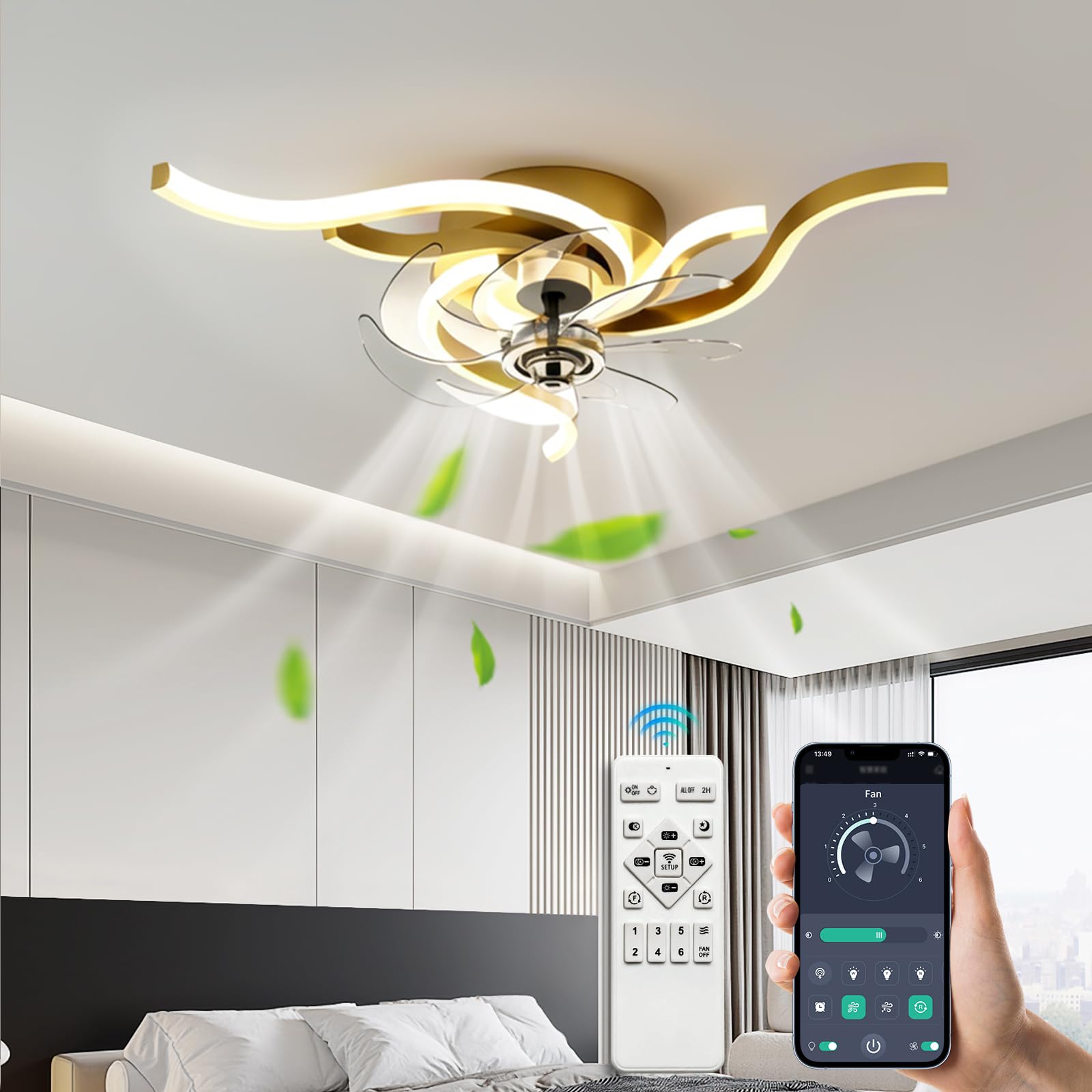 60 cm LED Deckenleuchte mit Ventilator spiralförmig Moderne Dimmbare Deckenventilatoren 6-Speed Lampe mit Ventilator Mit Fernbedienung App Timer Leiser für Schlafzimmer Esszimmer Büro (Gold)