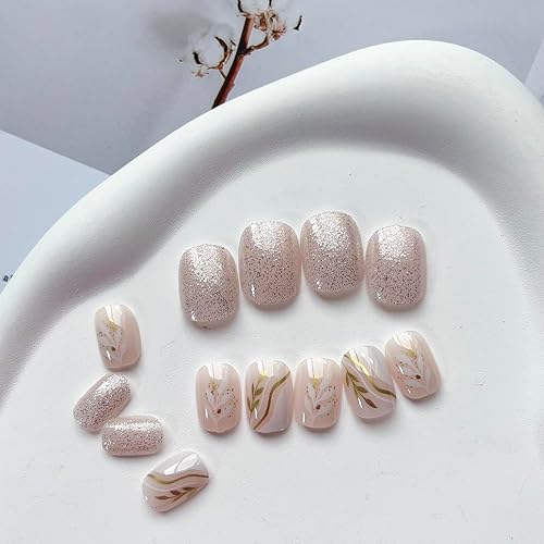 Miniatura 9 de 24 uñas postizas cortas a presión para otoño, uñas postizas cuadradas degradadas con diseños de diamantes de imitación, uñas adhesivas de flores de