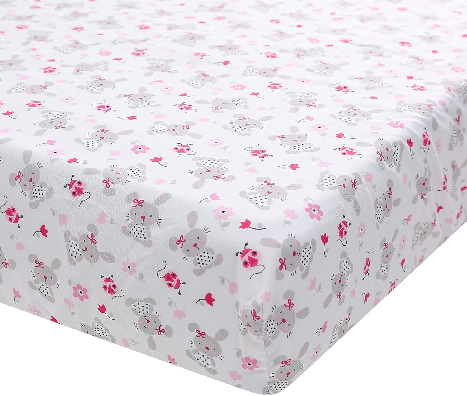 4 PCs Pink Embroidery Bunny Friends Theme Nursery Crib Bedding Set Baby Girl 1 Quilt 2 Fitted Sheet 1 Skirt Cot Bedding Set