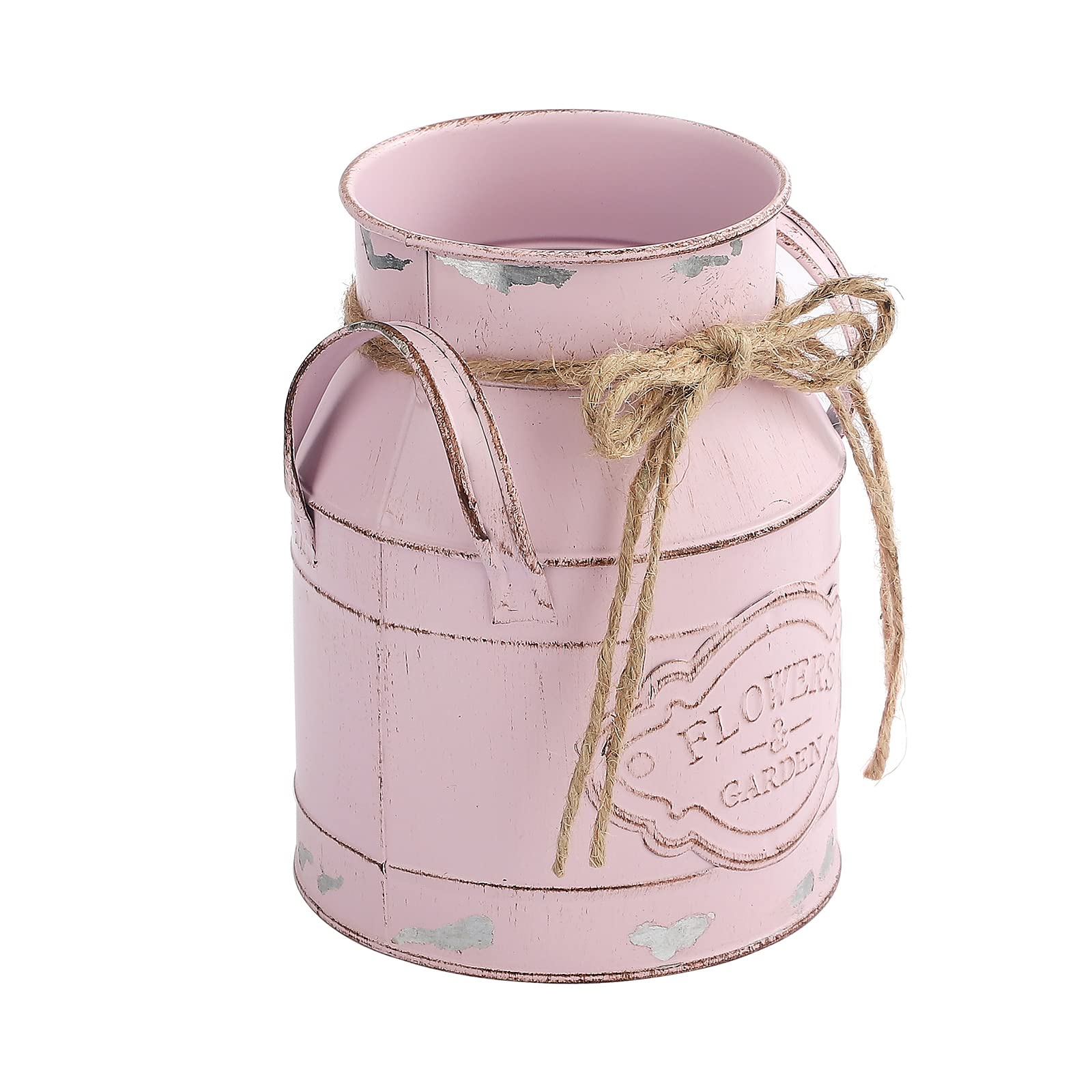 Pcscevcr Metal Flower Pot, Vintage Farmhouse Metal Jug Planter, Retro Iron Bucket Flower Vase Flower Arrangement Container with Handle, for Home Table Decor(Pink)