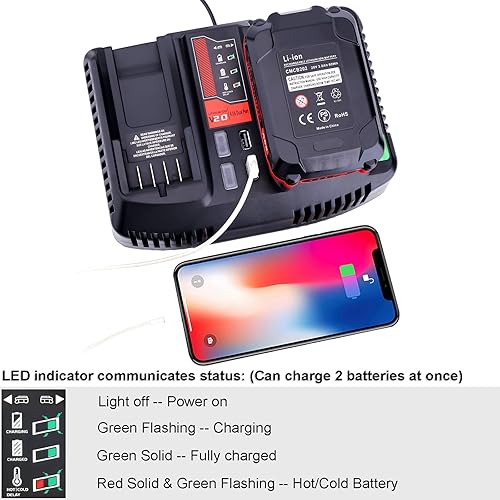 Miniatura 3 de Biswaye CMCB124 Cargador máximo de 20 V de doble puerto compatible con batería de litio Craftsman V20 CMCB204 CMCB201 CMCB202 CMCB205 CMCB209
