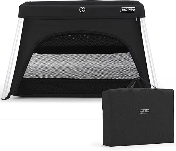 HARPPA Travel Crib with Comfy Mattress, Lightweight Portable Crib Requires No Assembly, Foldable Pack and Play for Baby and Toddlers, Compact Play Yard with Bed,Black