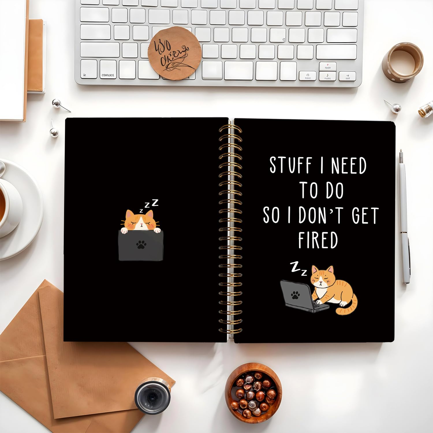 Notatnik z kotem, 'Stuff I Need To Do So I Don't Get Fired' zeszyty, śmieszne zeszyty do pracy, prezent na nowy prezent, prezent na pożegnanie dla współpracownika, zabawny dowcipny prezent dla