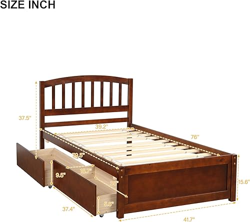 Miniatura 71 de Marco de cama moderno de madera maciza con cajones, plataforma de cama con soporte de listones de madera, no necesita somier, tamaño individual,
