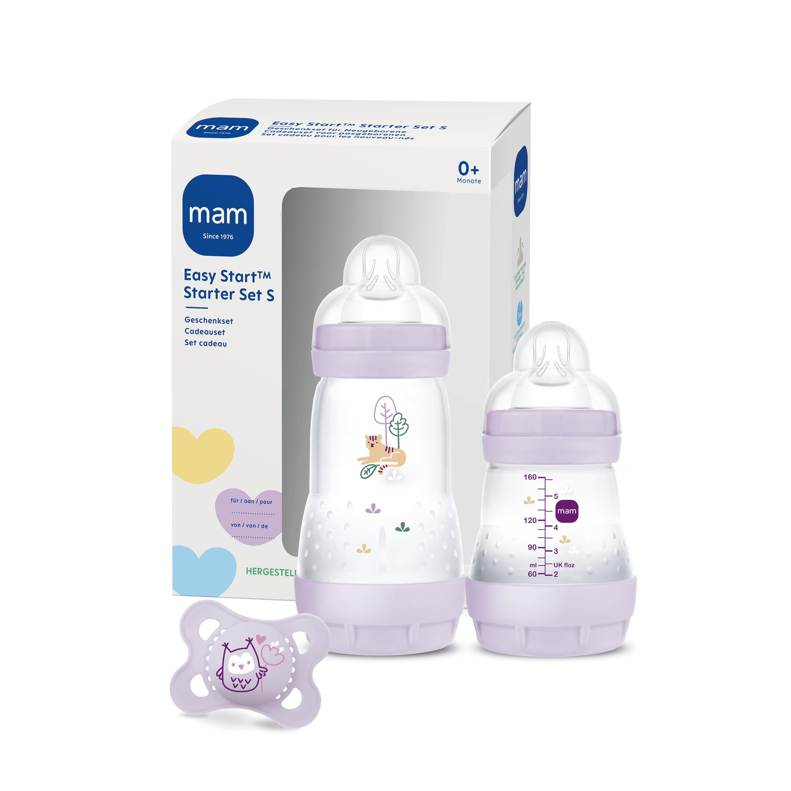 MAM Easy Start Anti-Colic Starter Set S, Baby Erstausstattung mit 2 Anti-Colic Flaschen (160 ml & 260 ml) inkl. Sauger Größe 1 und Schnuller, Baby Geschenk Set, ab der Geburt, lila