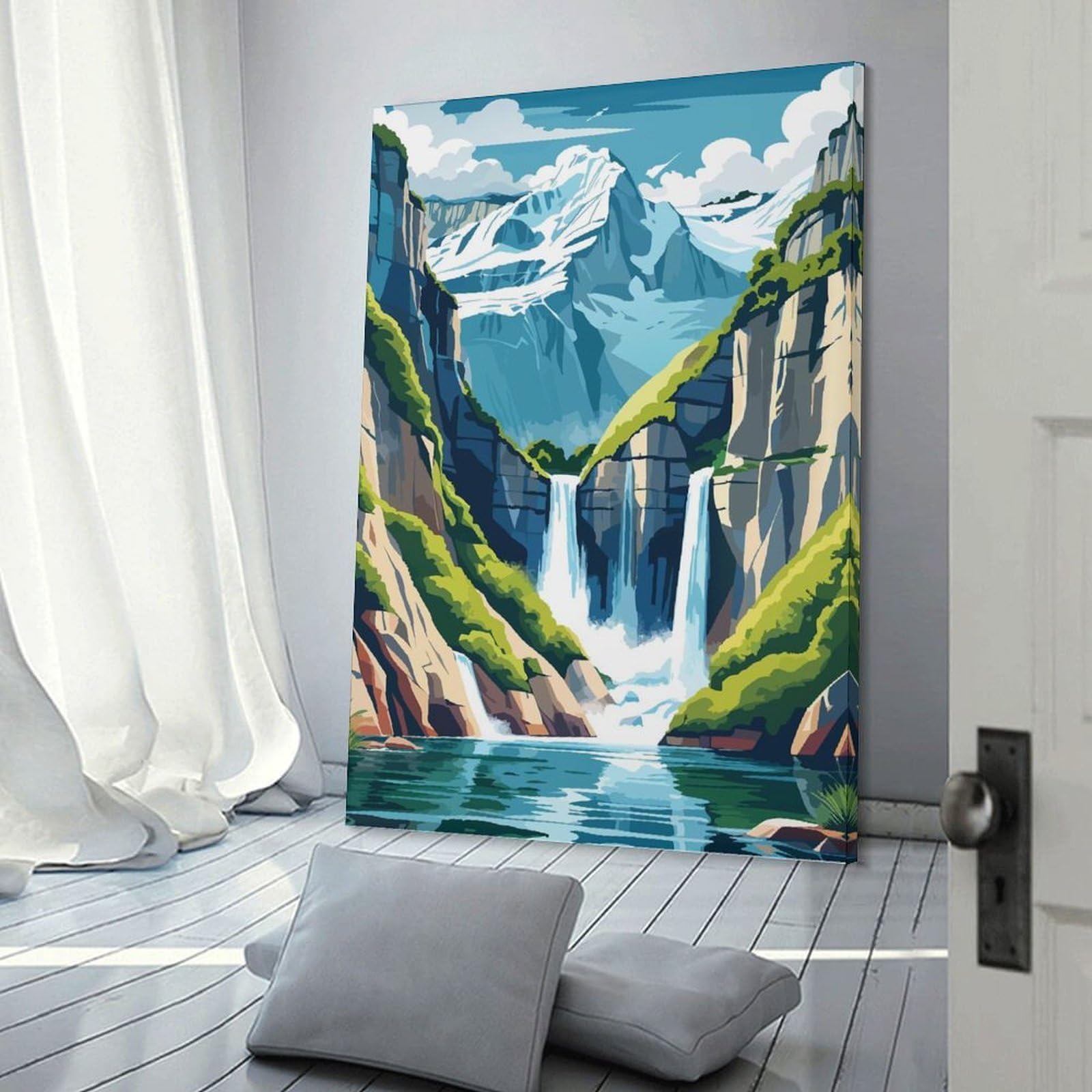 Junmoney Decorative Wall Artwork Mountain Waterfall Landscape Illustration, 16x24inch(40x60cm), for Calm Bedrooms, Home Corners Or Flats, An Easy Wall Refresh for Bedrooms