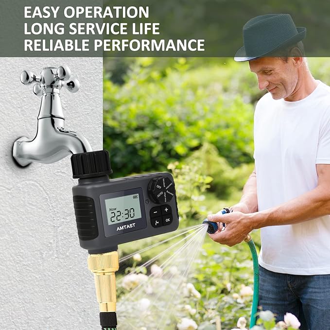 The Garden Hose Faucet Timer features 1 outlet for connecting a standard garden hose. It is programmable, allowing the user to set the watering schedule based on the specific needs of their yard, crops, lawns, or pool. The timer is designed to simplify the process of maintaining a healthy and vibrant garden or lawn, by ensuring that plants receive the right amount of water at the right time.