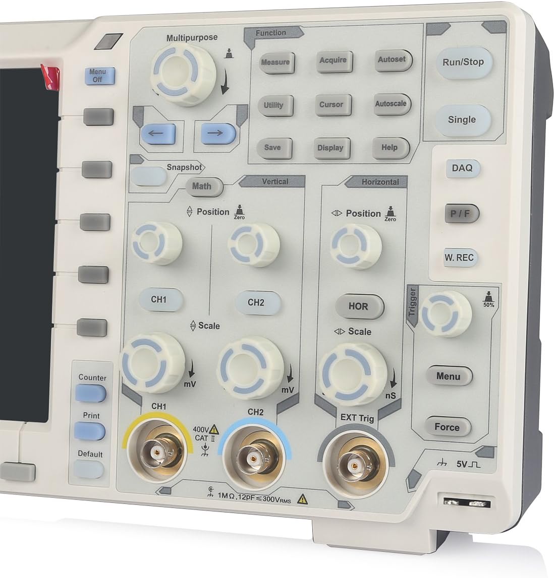 Close-up of OWON XDS3102 front panel controls and BNC inputs
