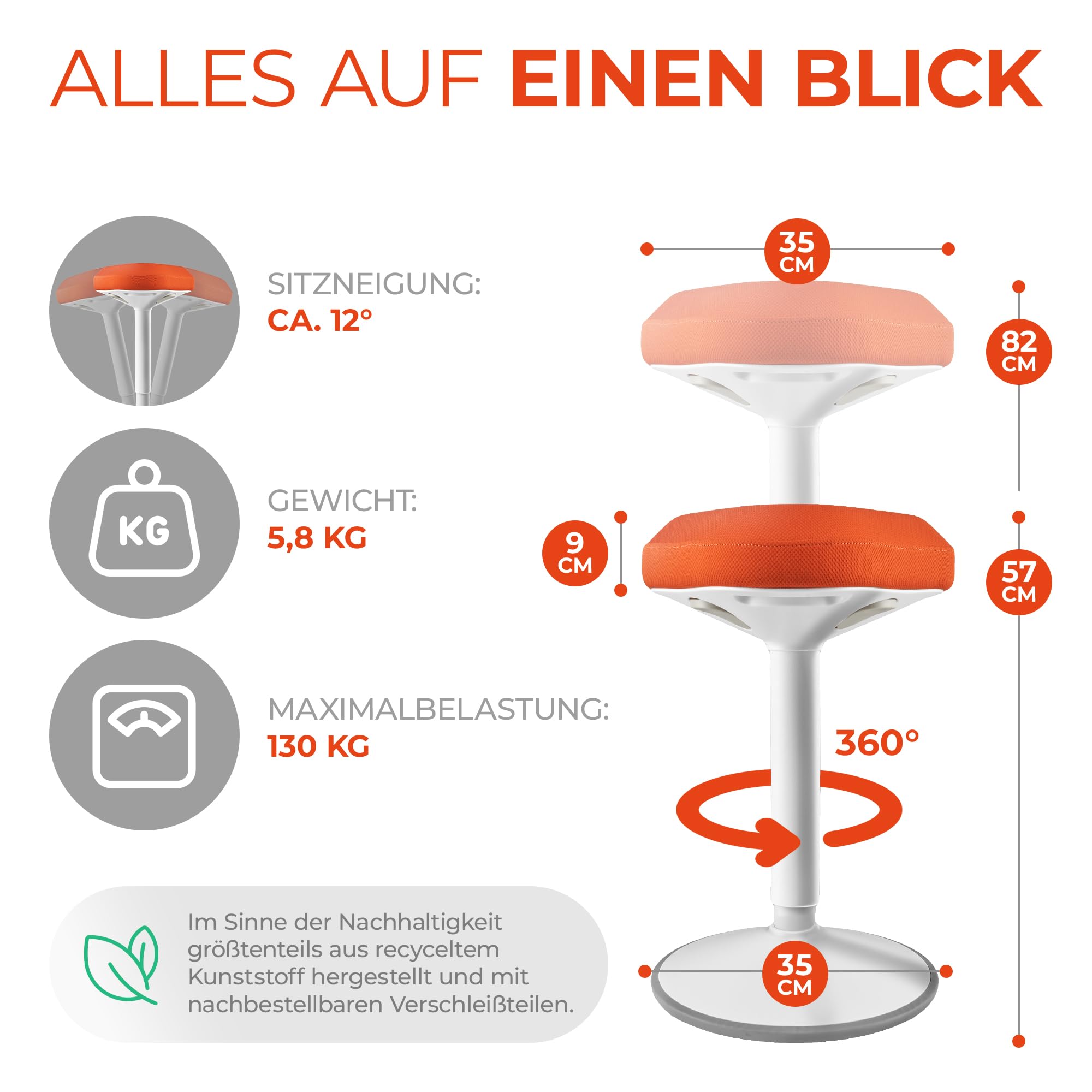 SMART-Sitzen: Bürohocker [PREMIUM QUALITÄT] Sitzhocker ergonomisch für Arbeit & Freizeit|Ergonomischer Hocker höhenverstellbar|Schwingeffekt [rutschfest] Stehhocker|Hocker für Homeoffice (Orange)