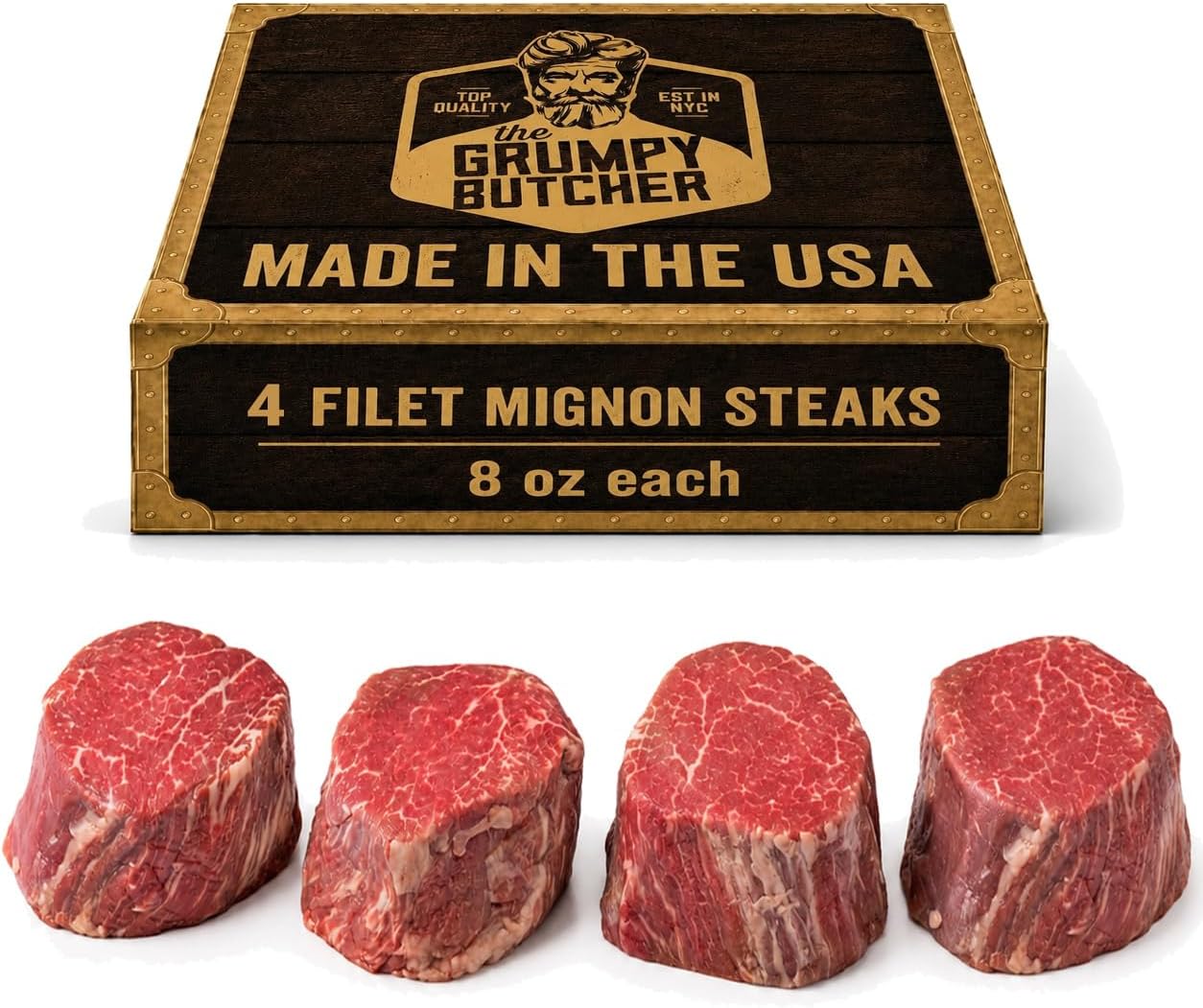 Grumpy Butcher Aged Large Filet Mignon Steak, 4 Pack - USDA Top Choice Beef Tenderloin Filets With Gift Box Option - Ships Frozen