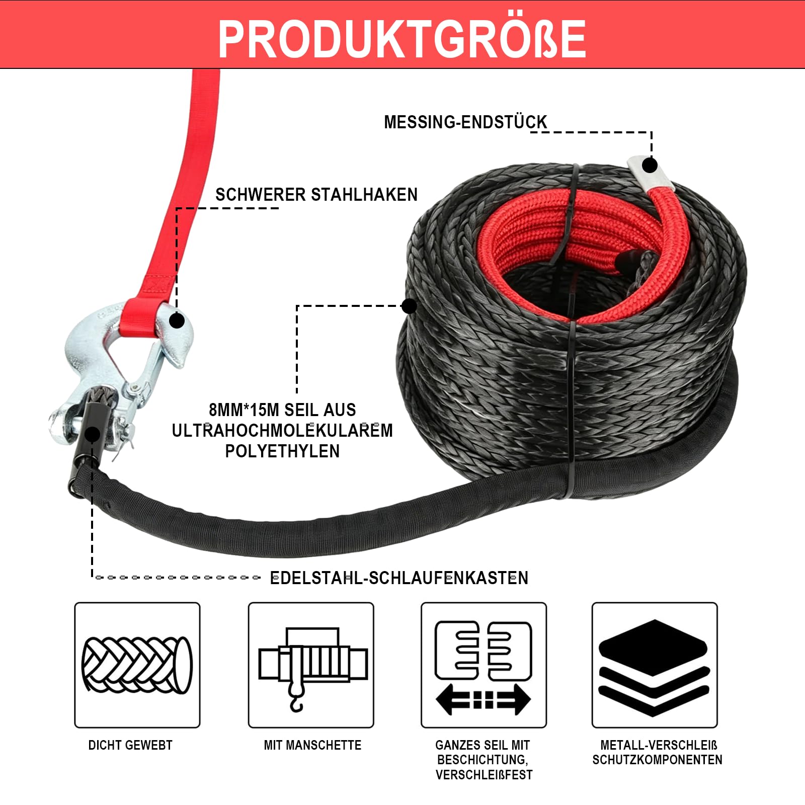 Kunststoffseil Windenseil Abschleppseil, 8 mm x 15 m Synthetic Winch Rope mit Schutzhülle Metallhaken und Handschuhe Synthetische Windenseil für Zum Ziehen Von ATV UTV Auto SUV und Großen Offroadern