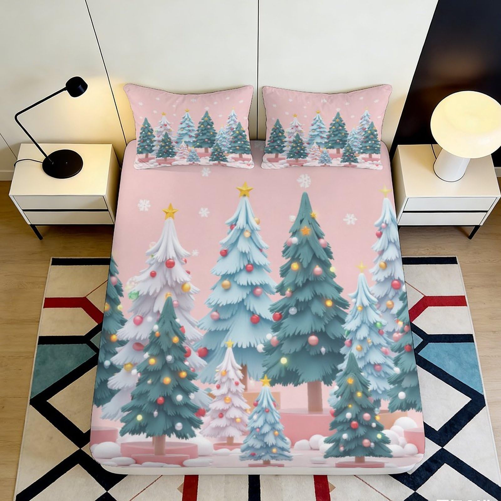 3D Printed Christmas Trees Fitted Sheet Microfiber Soft Durable Pink Bed Cover with Snowflakes Mattress Cover for Bedroom Dormitory Guest Room Protection 160x200x25cm