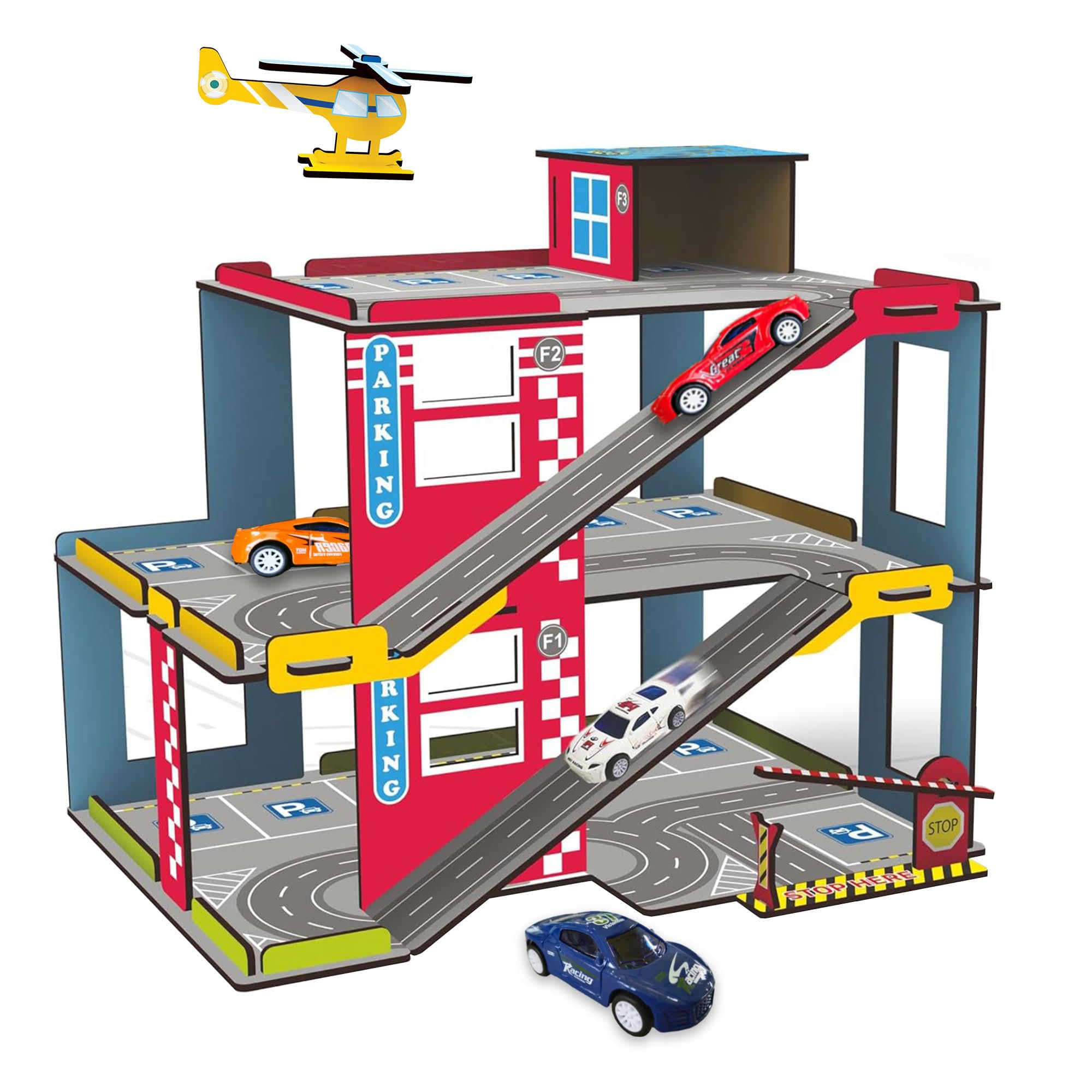 Webby Multilevel Parking Garage Playset with 3 Pullback Metal Cars, Parking Gate, Sign Boards and Helicopter for Boys and Girls - Image 6 thumbnail