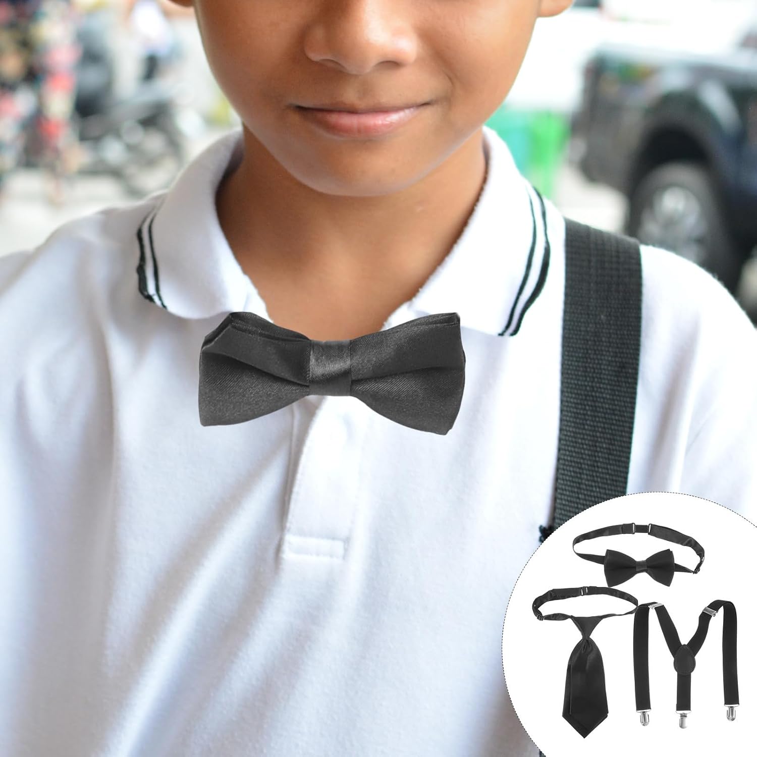 Adjustable Boys Suspenders Set with Matching Bow Tie Black | Polyester and Metal Build, Y-back Design, One Size Fits, for Parties and Weddings