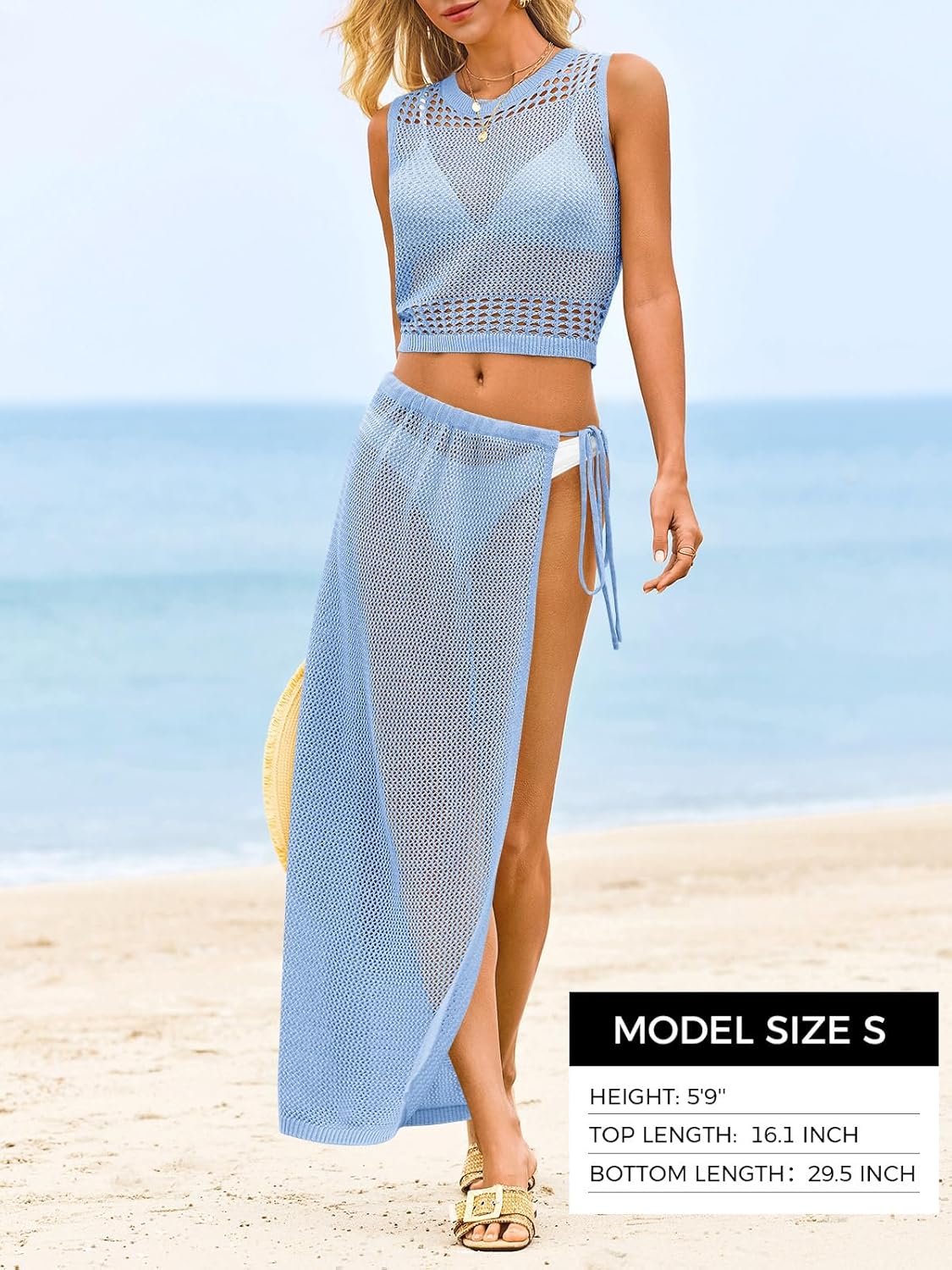 Fisoew Womens Crochet Swim Cover Ups 2 Piece Sleeveless Crop Tops Beach Wrap Skirt Hollow Out Boho Coverup Set