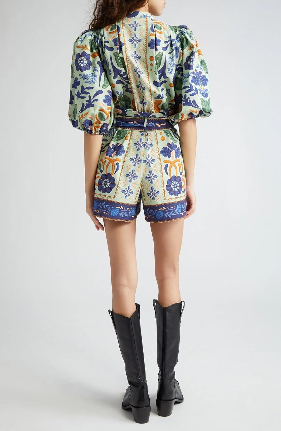 Wuitrie Boho Shorts Jumpsuit for Women Floral Print Puff Short Sleeve Romper with Pockets Summer Jumpsuits for Women 2025