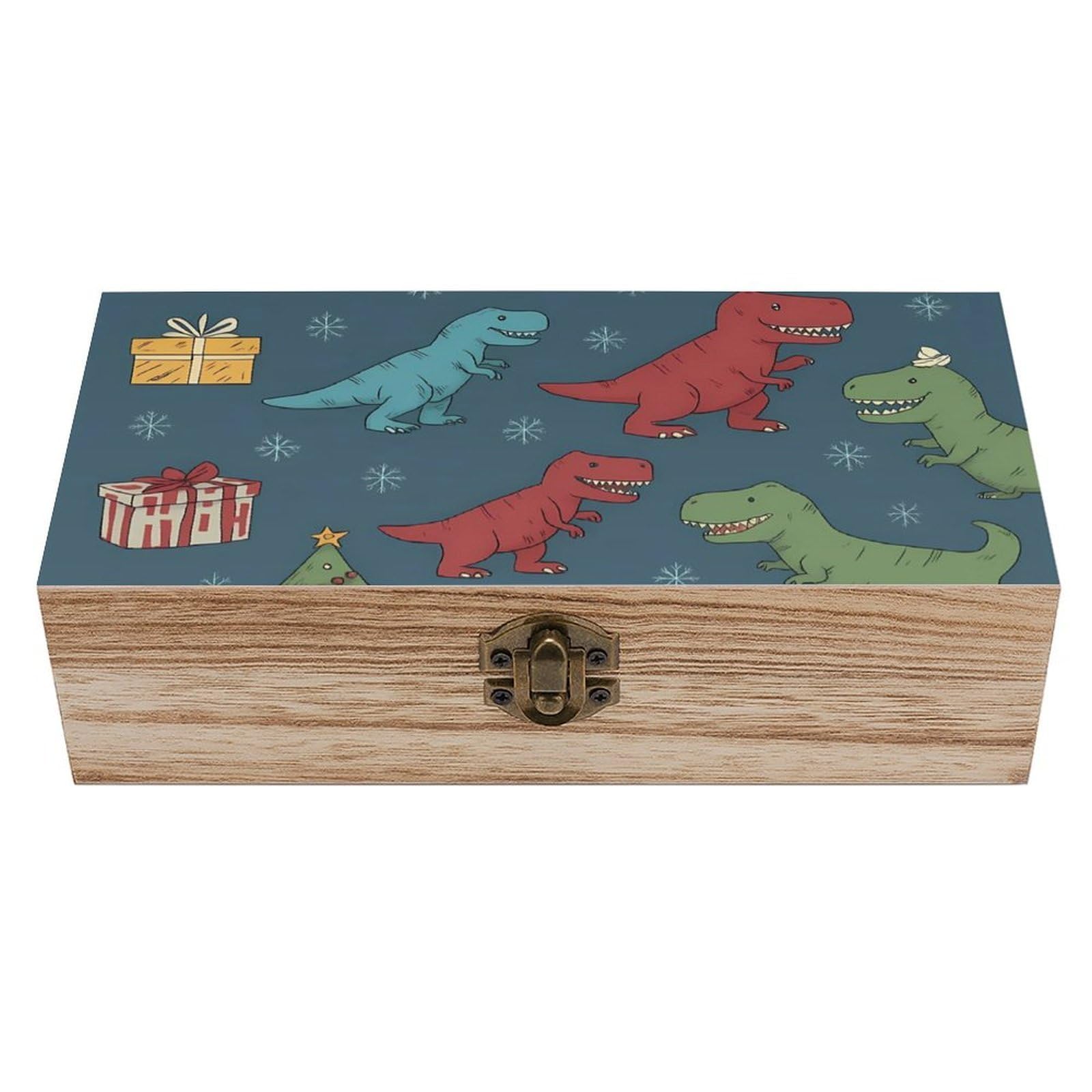 HLBSDM Cartoon Xmas Dinosaur & Gift Retro Wooden Storage Box Jewelry Art Gift Boxs Decorative Keepsake Boxes