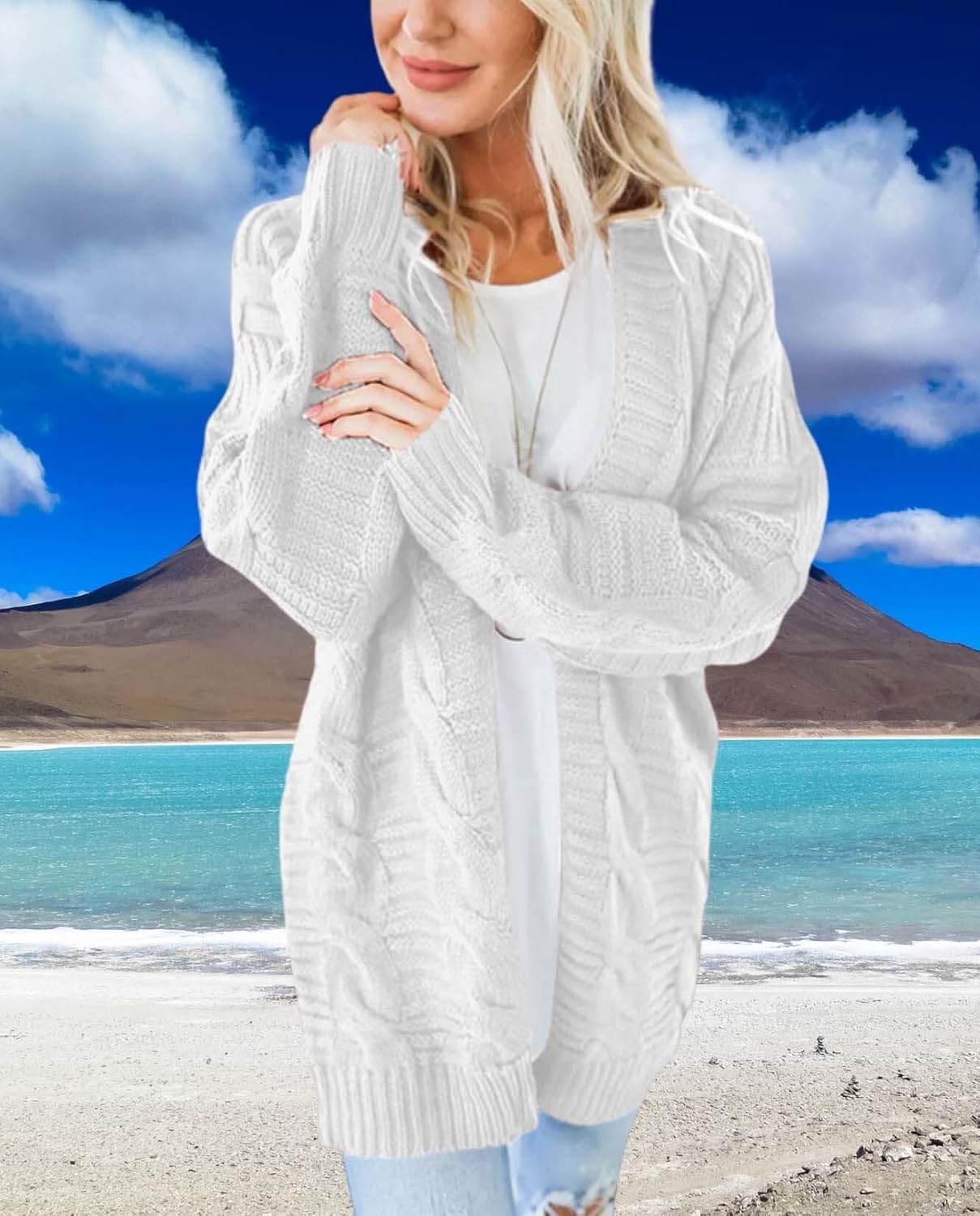 Long Sleeve Cable Knit Womens Cardigan Oversized Long Sweater Loose Casual Solid Color Mid Length Chunky Style - Image 5