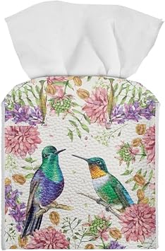 AFPANQZ Hummingbird with Flower Tissue Box Covers Durable PU Leather Tissue Box Organizers Dispenser Foldable Napkin Holder Case with Bottom Belt