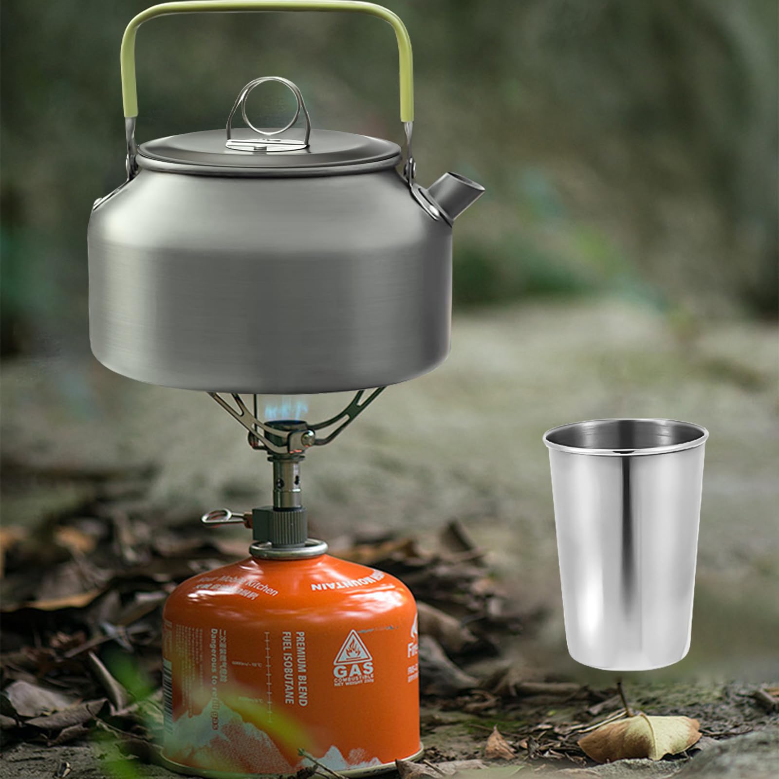 GOMETY Bouilloire de camping pour 2 à 3 personnes, théière de 0,8 l avec 4 gobelets en acier inoxydable, facile à plier, durable, en aluminium, avec sac de transport
