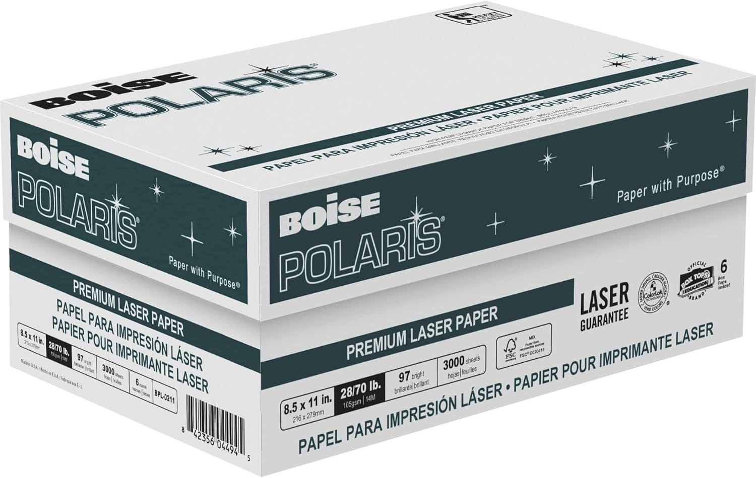 BOISE POLARIS Premium Laser Paper, 8.5" x 11" Letter, 98 Bright White, 28 lb, 6 Ream Carton (3,000 Sheets)