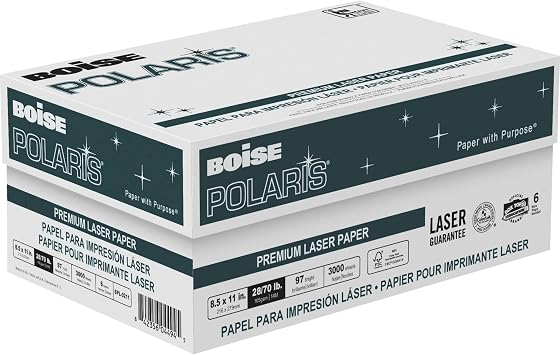 BOISE POLARIS ورقة ليزر بريميوم، 8.5 &times; 11 حرف، 98 أبيض ساطع، 28 رطل، 6 ريام كرتون 3000 ورقة