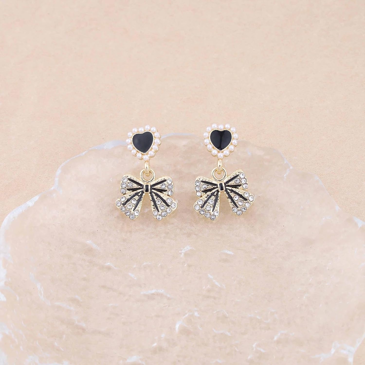 Vintage Crystal Heart Stud Earrings Tiny Pearl Heart Earrings Rhinestone Bow Dangle Earrings Gold Cz Pearl Earrings Jewelry for Women - Image 3
