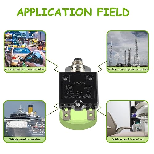 Miniatura 6 de Disyuntor de botón de reinicio manual de 15 A, 125250 V, CA, 50 V, CC, protector de sobrecarga térmica con terminales de conexión rápida y tapas de