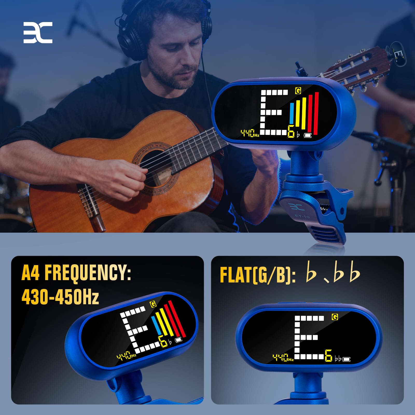 EX Accordeur chromatique professionnel rechargeable pour guitare — Accordeur rapide et ultra précis avec écran LCD couleur pour guitare acoustique, basse, ukulélé et violon, bleu