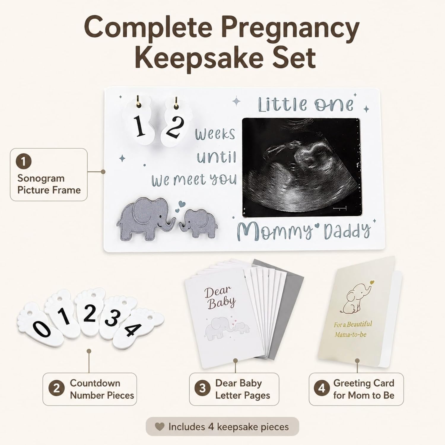 Sonogram Ultrasound Picture Frame with Countdown Weeks, Pregnancy Keepsake Set, Gender Neutral Nursery Decor for Parents to Be