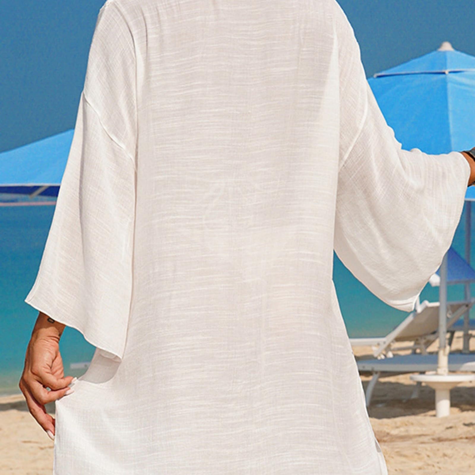 Abito da Spiaggia Cullo A V Manica Lunga Cavo Fuori al Gancio Maglia Tunica Beachwear Indossare Femminile Coprire Coperture Donne-White-m