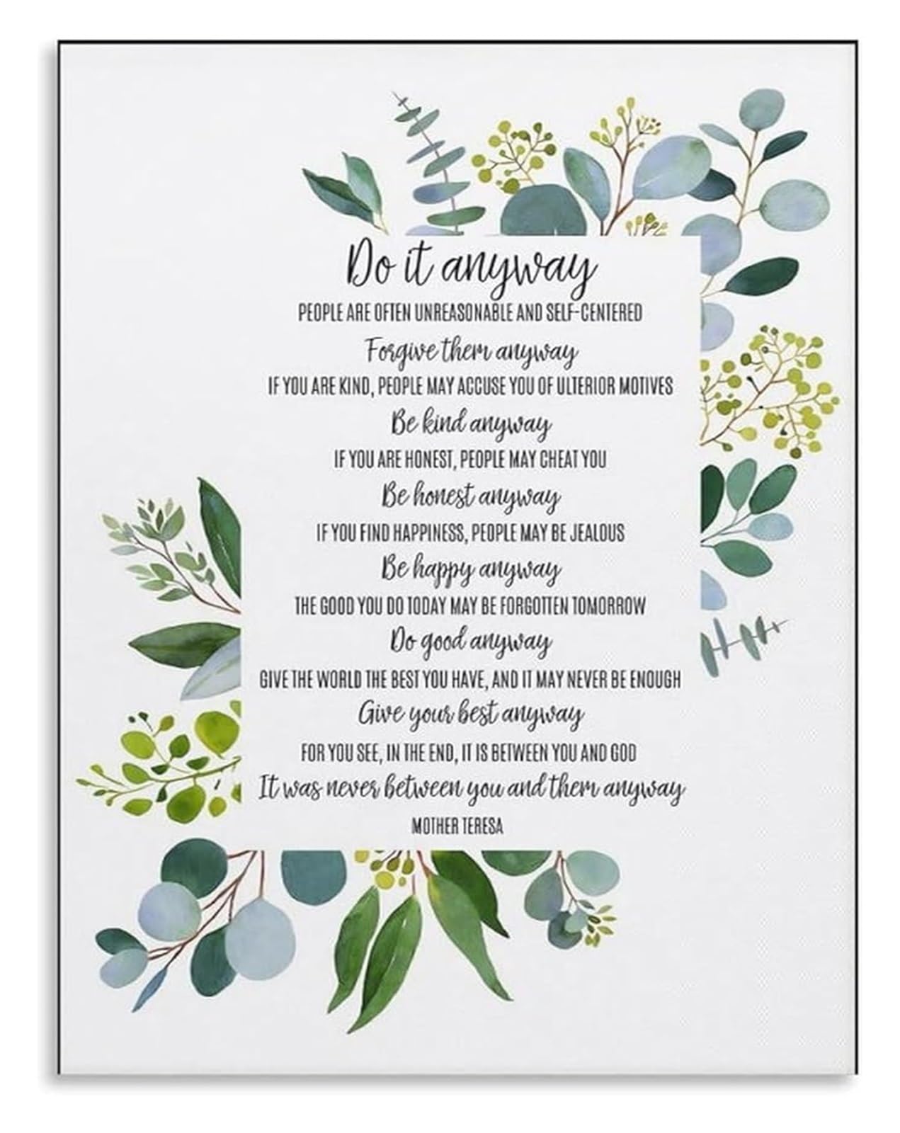 HGETJOHXEM Do It Anyway Mother Teresa Motivational Poster Vintage Canvas Art Wall Decor for Office Library Religious Art(Unframed,08x12inch(20x30cm))