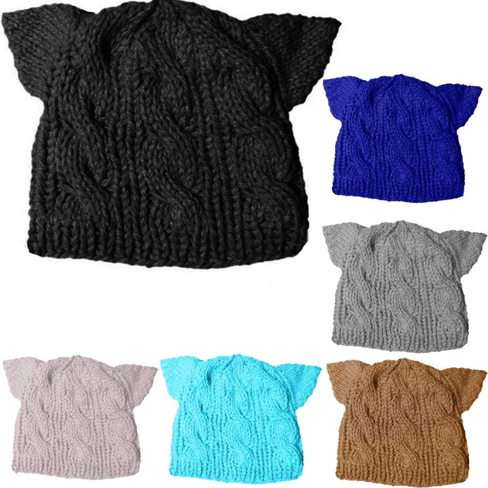 BIBITIME 6 PCS Handmade Knitted Ears Beanie Pussycat Hat Women March Rights Caps (Black,Royal Blue,Light Coffee/Grey,Sky Blue,Beige, Fit Average Adult)
