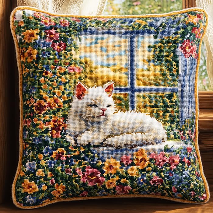 Point de croix coussin chat blanc 45x45 cm kit broderie complet loisirs créatifs débutant