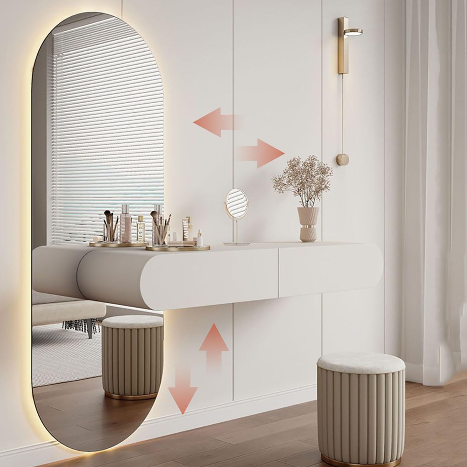 Tavolo da trucco illuminato a LED con specchio a corpo totale, tavolo da toeletta da parete per camera da letto e bagno, 2 cassetti, design elegante, 95 cm, per gli amanti del trucco