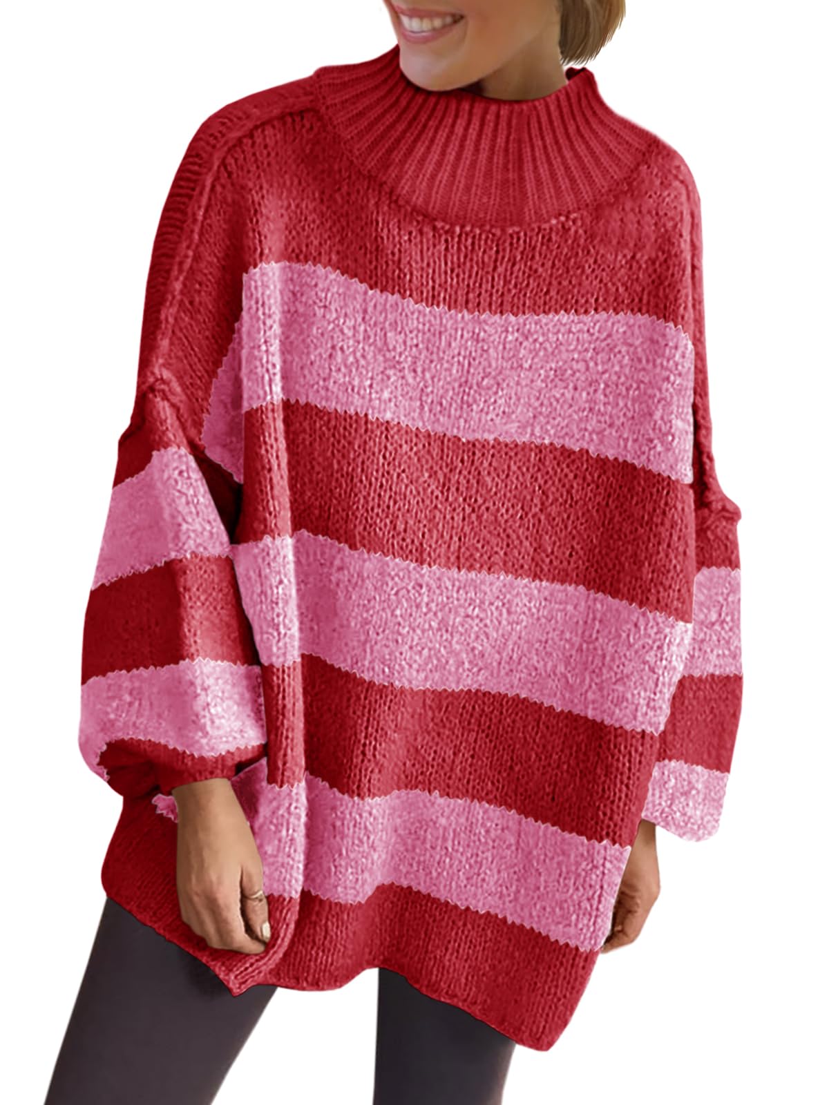Saodimallsu Womens Oversized Striped Chunky Sweater Mock Neck Knit Tops Medium Red