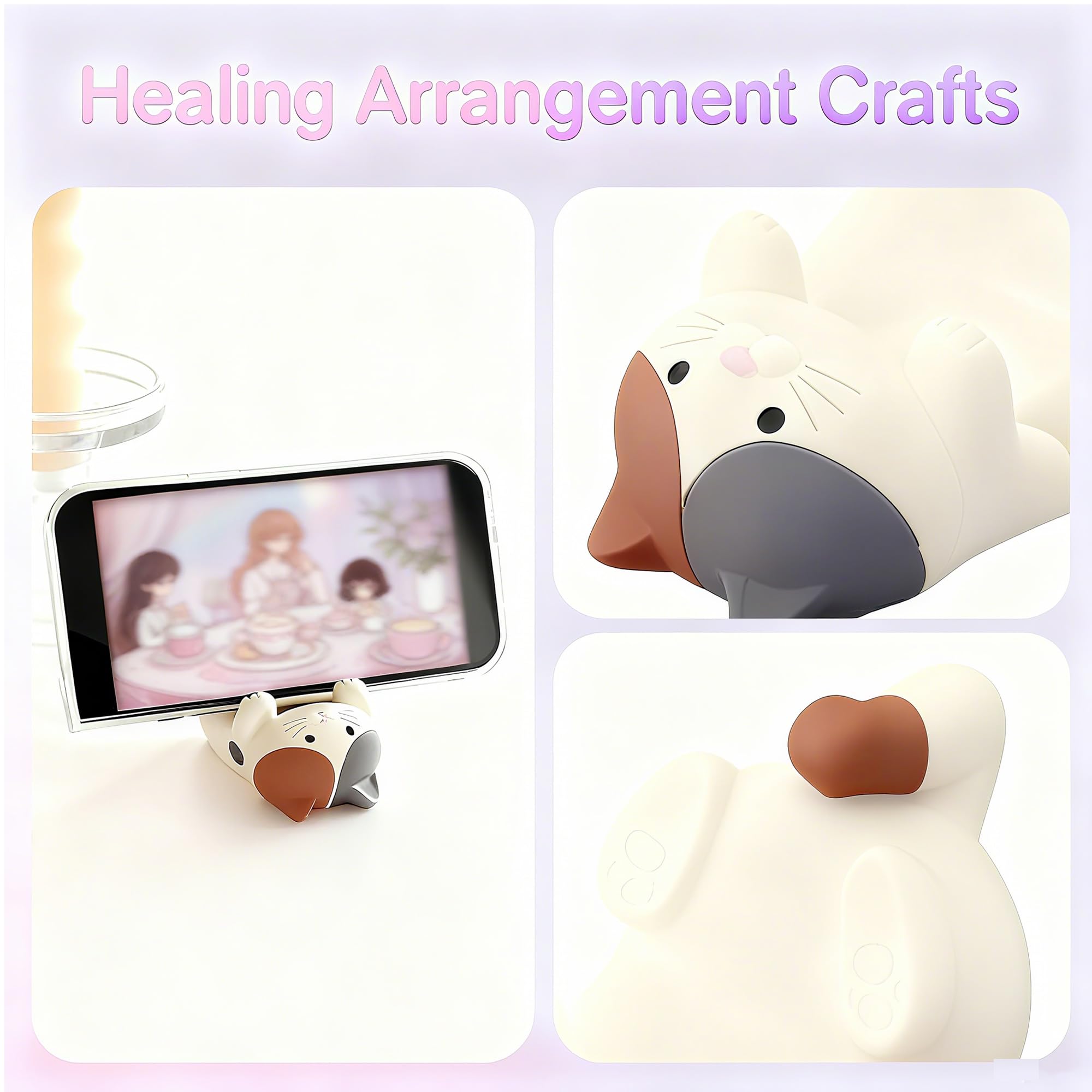 Lot De 4 Supports Universels PRITOK En Forme De Chat - Pour Téléphone Et Lunettes - Résine Blanche Et Orange - Organisation Bureau/Maison