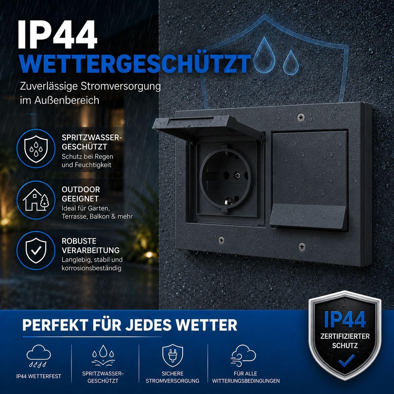 Gira TX 44 Außensteckdose 2-fach anthrazit IP44 mit Rahmen Dichtungsflansch Montageset Spannungsprüfer wetterfeste Unterputz Steckdose für Garten Terrasse Balkon Garage