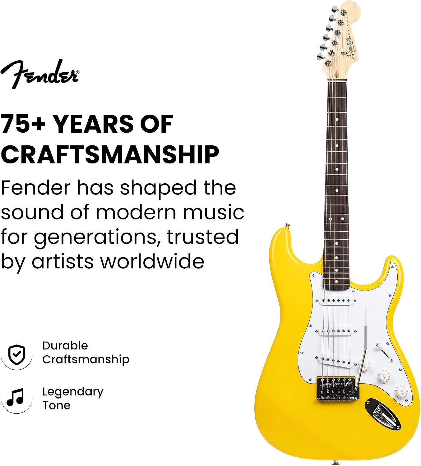 Fender Squier Stratocaster - Graffiti Yellow Bundle with Amplifier, Gig Bag, Instrument Cable, Strap, Picks, and Austin Bazaar Instructional DVD