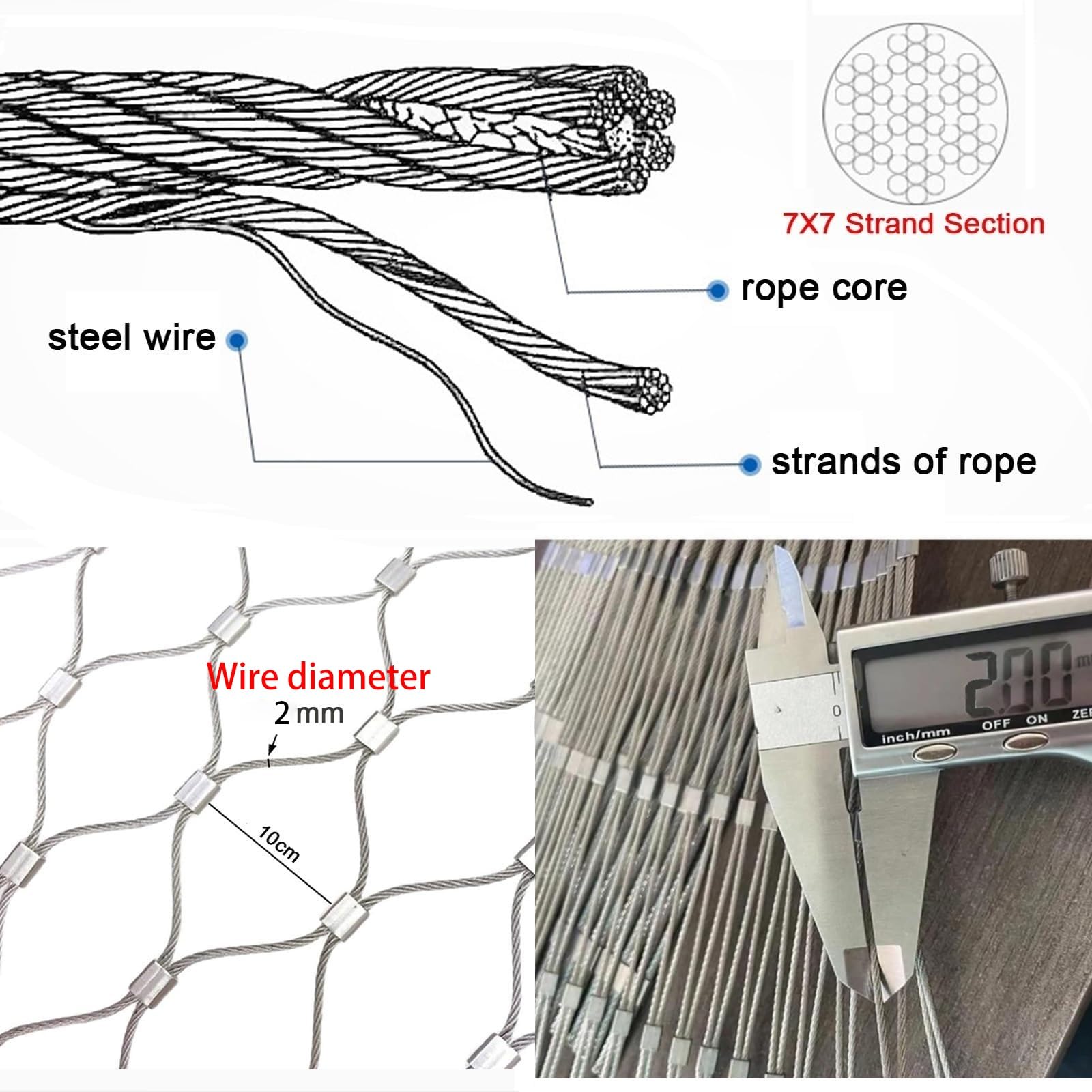 304 Malla de Cuerda de Acero Inoxidable,Red de Seguridad para Balcones,Valla Metálica para Terrazas,Flexible Cable de Malla de Acero Inoxidable，malla metalica，malla ganadera,vallas metalicas(Wire diam