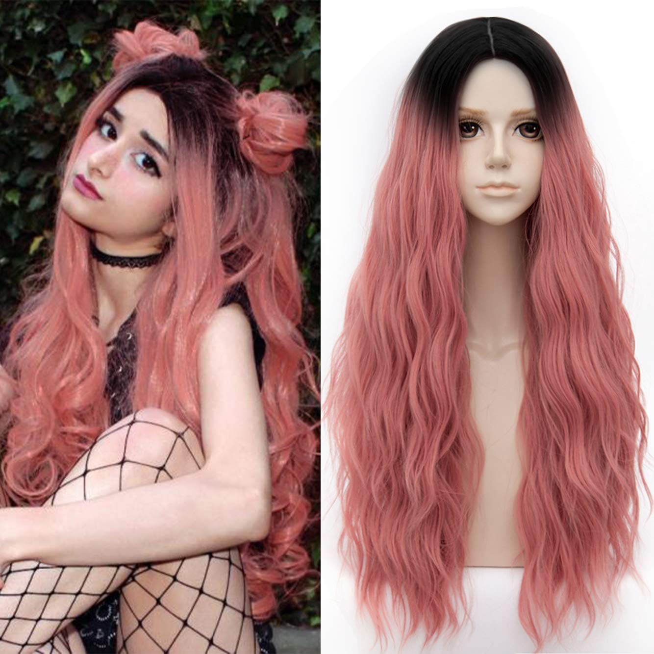 MildisoWig Pink Ladies Wig Long Wavy Curls Natural For Women Everyday Life Anime Cosplay Costume Party Halloween Carnival Pink Wig DE026PK