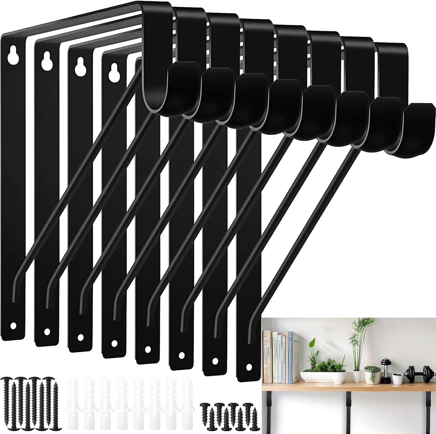 8 Pack Heavy Duty Closet Rod Brackets with Rod Holder - 11 Inch Black Wall Mounted Shelf Brackets, 300 lb Capacity for Storage Organization