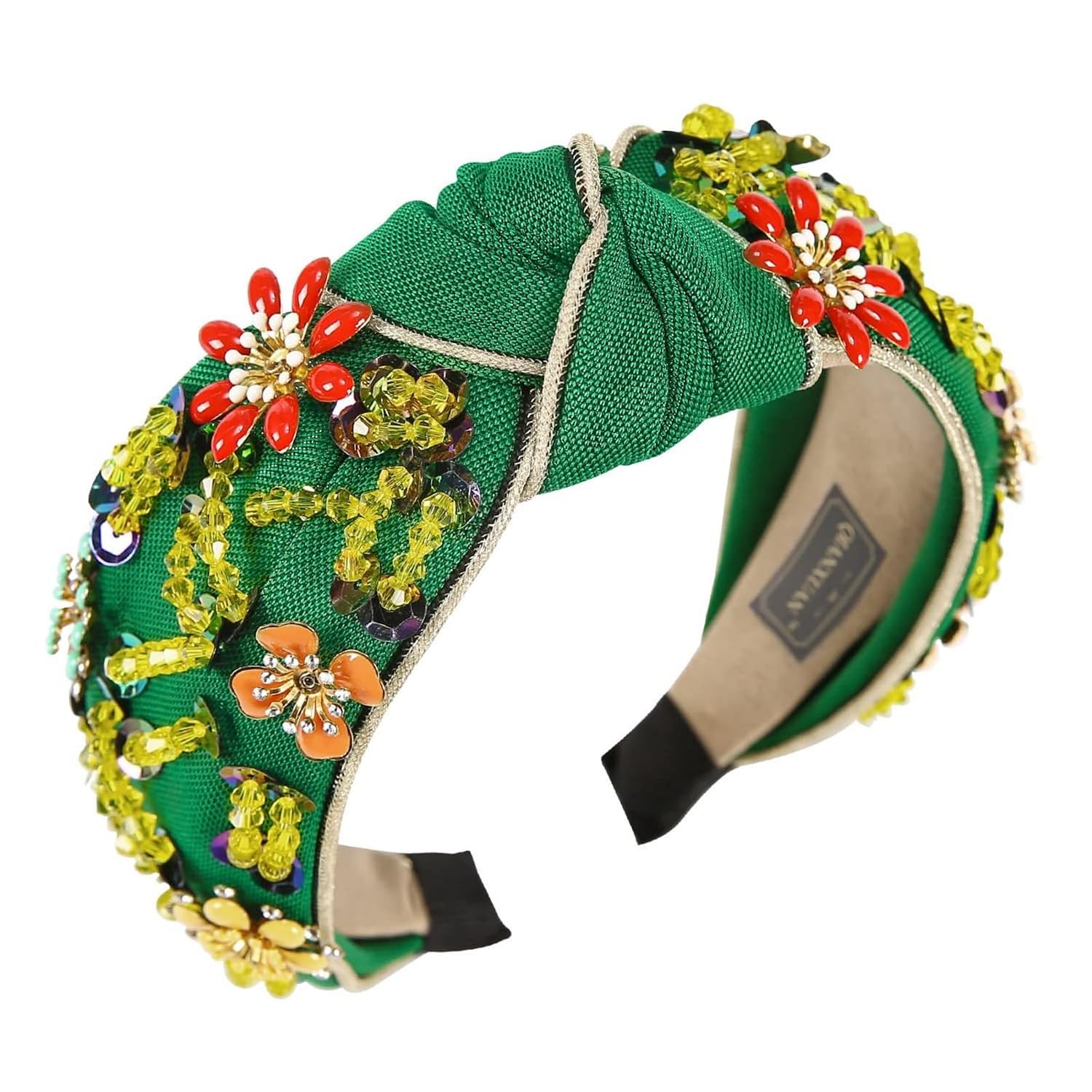 XSKL Women's Floral Embellished Hair Accessories Handmade Beaded Headband Knotted Turban Hairband Headbands for Women (Green, M)
